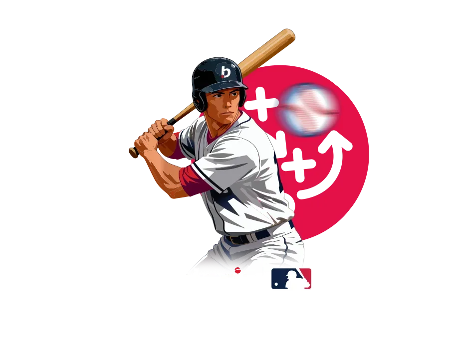 Ilustración de un bateador de béisbol con casco oscuro y bate en alto sobre un círculo rojo con símbolos de suma, una pelota borrosa y una flecha curva; abajo, el emblema de MLB.