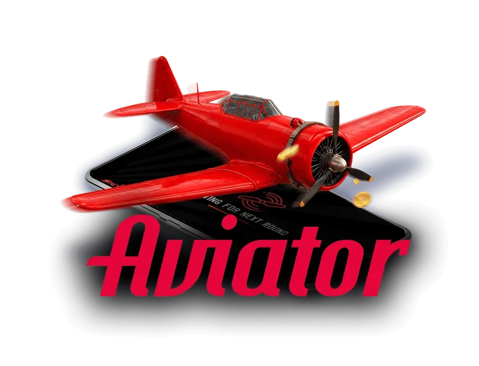 Avioneta roja de hélice emergiendo de la pantalla de un teléfono oscuro, con monedas doradas cayendo y la palabra «Aviator» en tipografía cursiva roja.