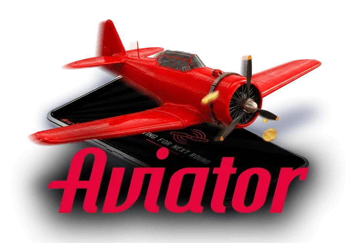 Avioneta roja de hélice saliendo de la pantalla de un teléfono, con la palabra «Aviator».