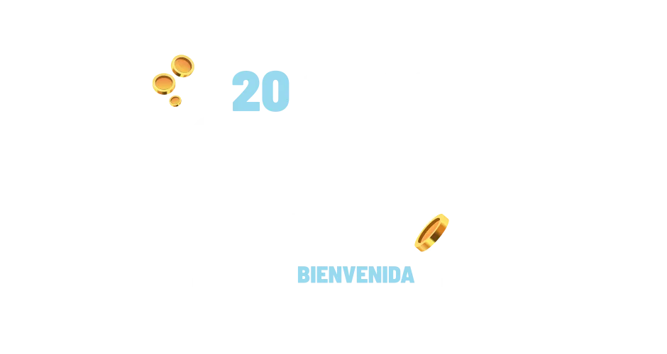 Fragmento gráfico con monedas doradas, el número 20 en celeste y la palabra «Bienvenida» también en celeste.