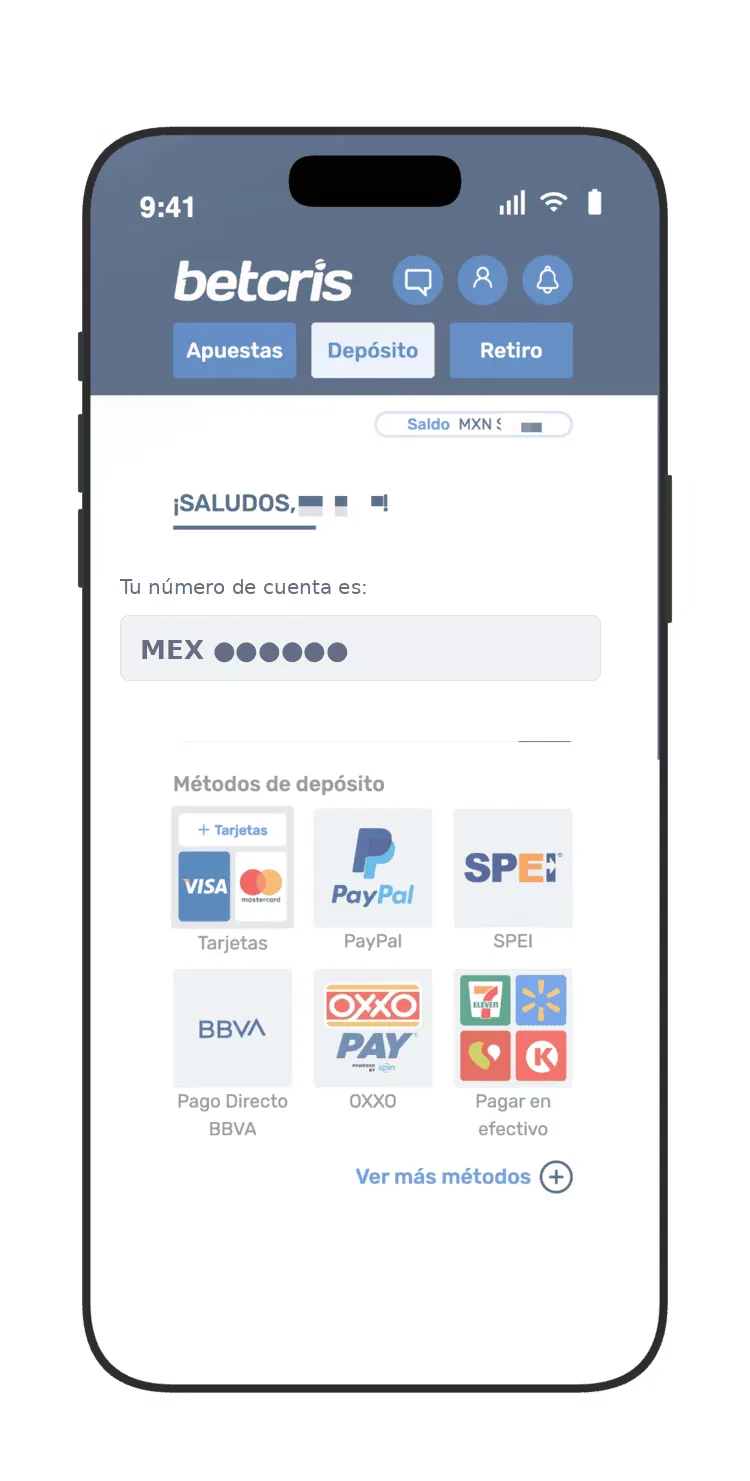 Pantalla vertical de caja con el saludo al titular arriba, el número de cuenta con prefijo MEX y una cuadrícula de medios de depósito: tarjetas, PayPal, SPEI, pago directo BBVA, OXXO y pago en efectivo.